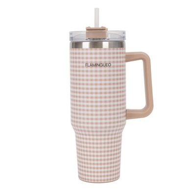 Μπέζ Gingham Καρό Μπουκάλι Θερμός 1.18L από ανοξείδωτο ατσάλι - Flamingueo