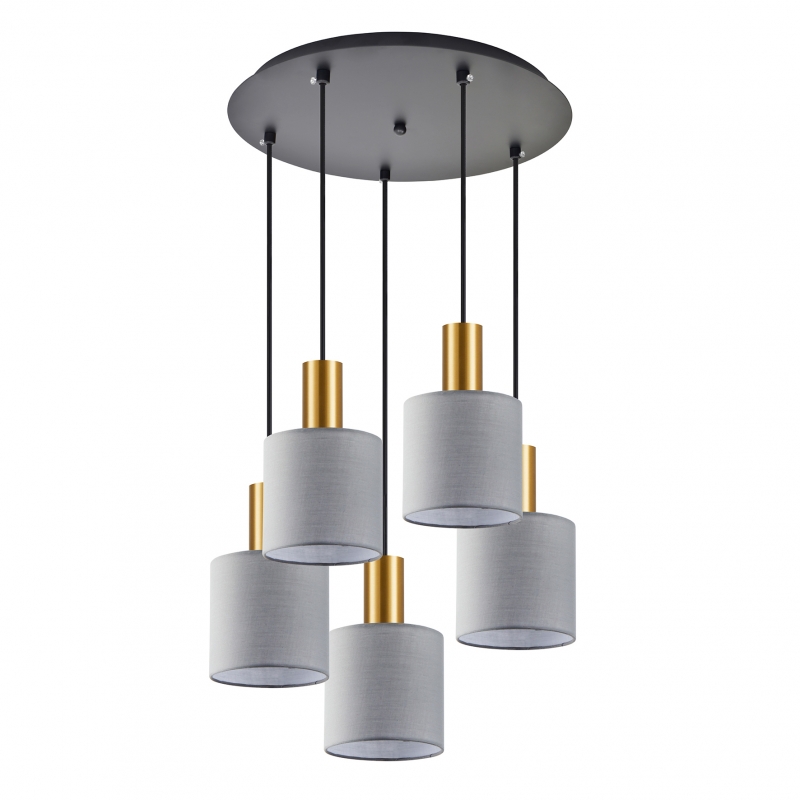 SE21-GM-4-5BL-SH2 ADEPT TUBE Gold Matt Pendant Grey Fabric Shade+ SE21-GM-4-5BL-SH2 ADEPT TUBE Gold Matt Pendant Grey Fabric Shade+