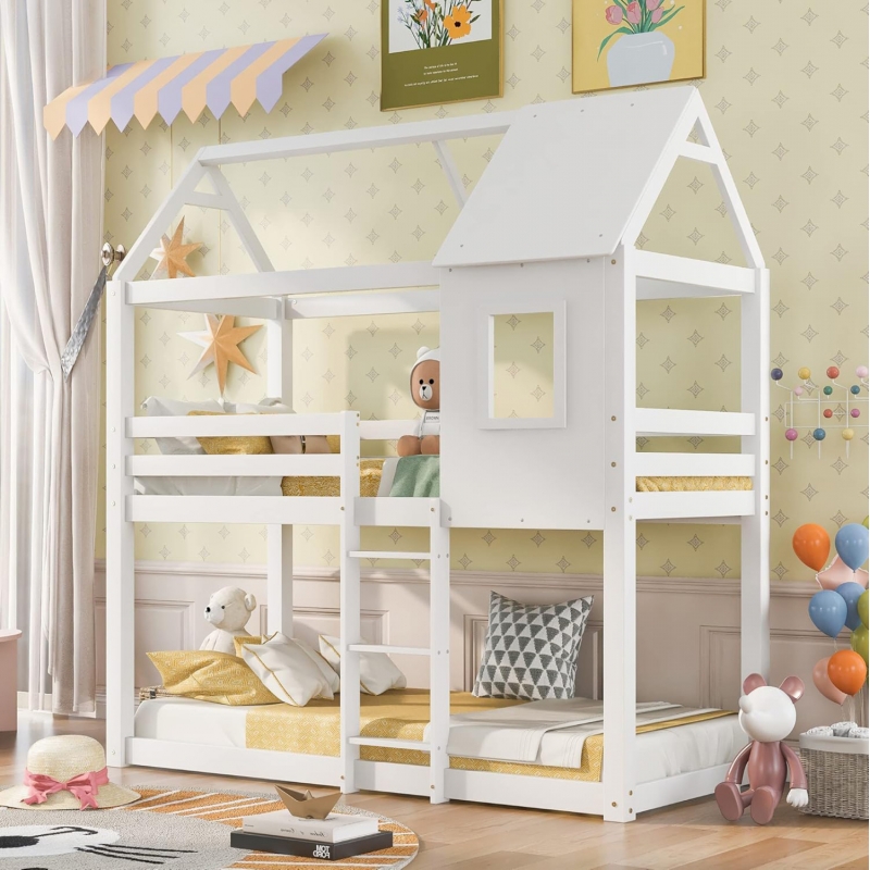 ΠΑΙΔΙΚΗ ΚΟΥΚΕΤΑ ΣΠΙΤΑΚΙ  τ.MONTESSORI HOOD HM705.03 ΞΥΛΟ ΠΕΥΚΟΥ ΣΕ ΛΕΥΚΟ-ΣΤΡΩΜΑΤΑ 190x90εκ