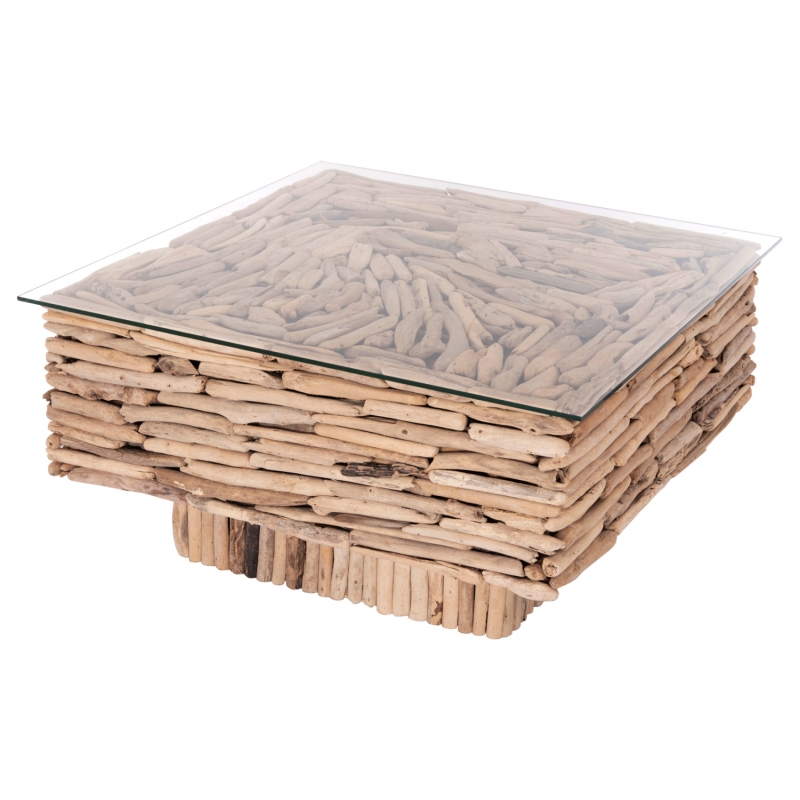 ΤΡΑΠΕΖΙ ΣΑΛΟΝΙΟΥ ΤΕΤΡΑΓΩΝΟ SPARROW HM9960 DRIFTWOOD--ΓΥΑΛΙ 95x95x51,5Υεκ.