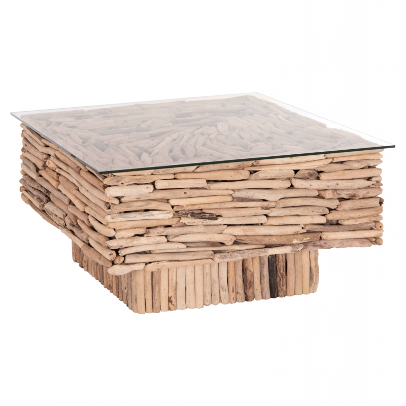 ΤΡΑΠΕΖΙ ΣΑΛΟΝΙΟΥ ΤΕΤΡΑΓΩΝΟ SPARROW HM9960 DRIFTWOOD--ΓΥΑΛΙ 95x95x51,5Υεκ.