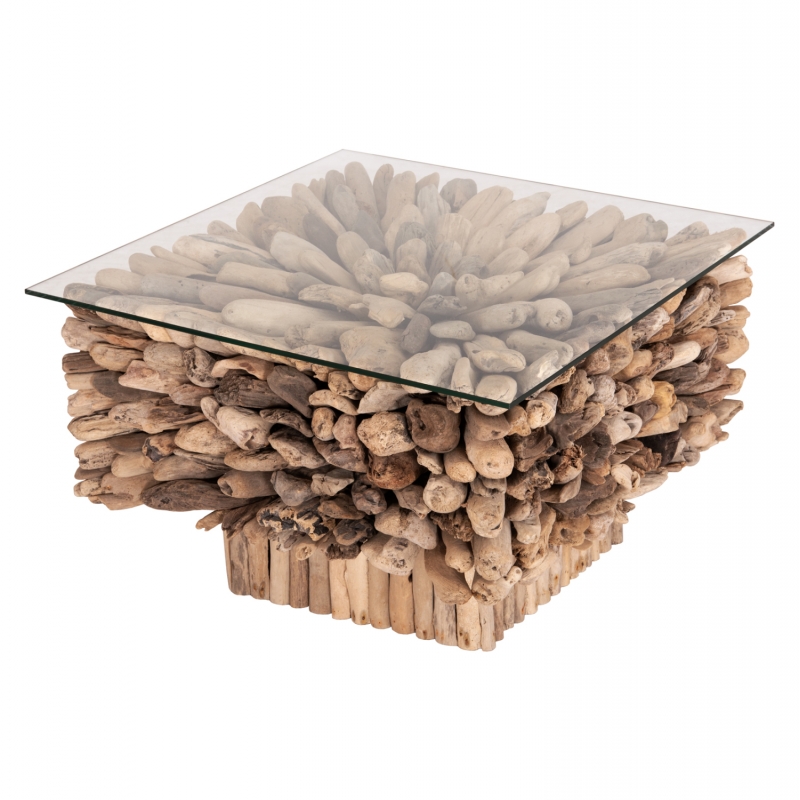 ΤΡΑΠΕΖΙ ΣΑΛΟΝΙΟΥ ΤΕΤΡΑΓΩΝΟ SPARROW HM9961 DRIFTWOOD--ΓΥΑΛΙ 75x75x51Υεκ.