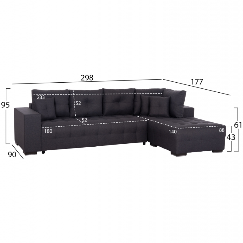 ΓΩΝΙΑΚΟΣ ΚΑΝΑΠΕΣ-ΚΡΕΒΑΤΙ ΜΕ ΑΠΟΘ.ΧΩΡΟ TRENDSTON HM3302.01R ΓΚΡΙ ΥΦΑΣΜΑ 298x177x95Υεκ