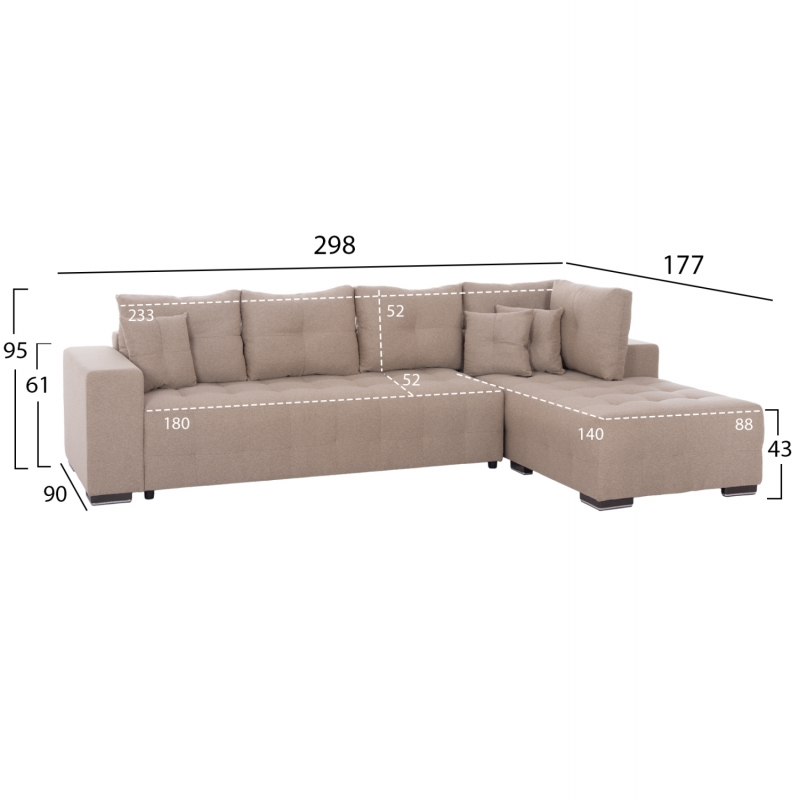 ΓΩΝΙΑΚΟΣ ΚΑΝΑΠΕΣ-ΚΡΕΒΑΤΙ ΜΕ ΑΠΟΘ.ΧΩΡΟ TRENDSTON HM3302.03R ΜΠΕΖ ΥΦΑΣΜΑ 298x177x95Υεκ