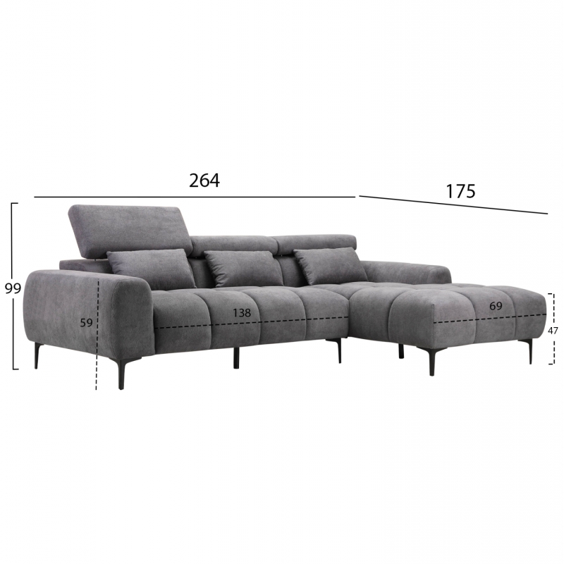 ΚΑΝΑΠΕΣ ΔΕΞΙΑ ΓΩΝΙΑ DIVYA HM3267.12R ΓΚΡΙ ΥΦΑΣΜΑ 260x100-174x104Υεκ.