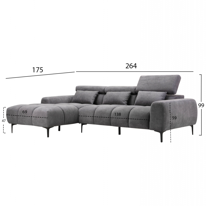 ΚΑΝΑΠΕΣ ΑΡΙΣΤΕΡΗ ΓΩΝΙΑ DIVYA HM3267.12L ΓΚΡΙ ΥΦΑΣΜΑ 260x100-174x104Υεκ.