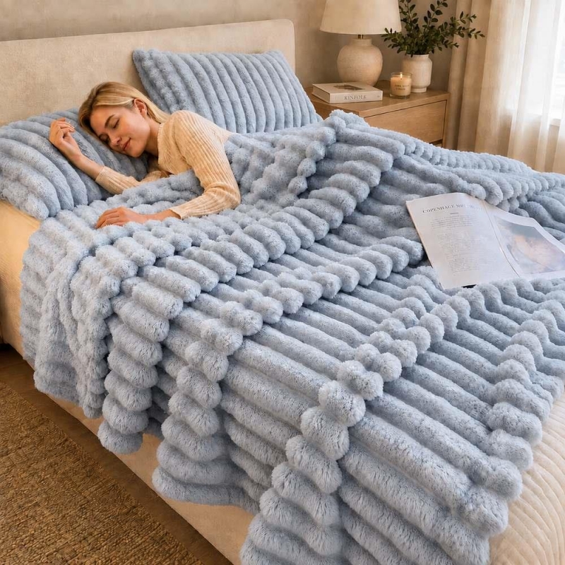 Κουβέρτα faux fur μπλε 200x230εκ.