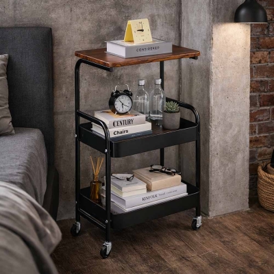 Τρόλεϊ- καλάθι Υ77x43x30εκ. μεταλλικό με ξύλινη επιφάνεια μαύρο Τρόλεϊ- καλάθι Υ77x43x30εκ. μεταλλικό με ξύλινη επιφάνεια μαύρο