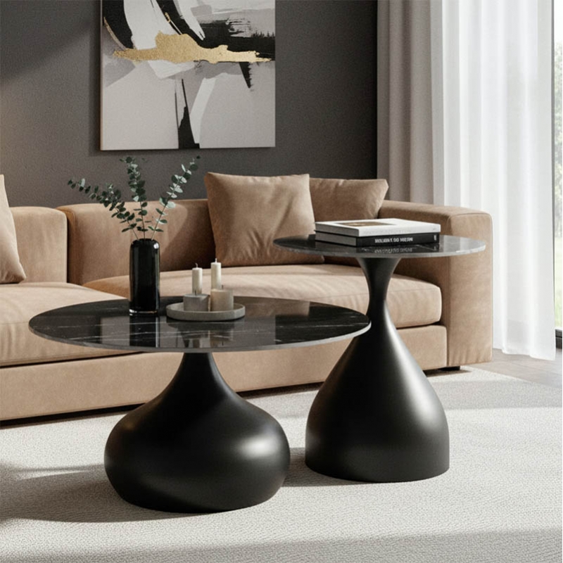 Βοηθητικά τραπέζια Kirkene Inart sintered stone σε απόχρωση μαύρο μαρμάρου με μαύρο μέταλλο 2τεμ