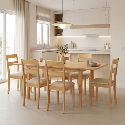 Τραπεζαρία Dallan Country pakoworld 7τεμ σε φυσική απόχρωση rubberwood 120-150x80x74εκ